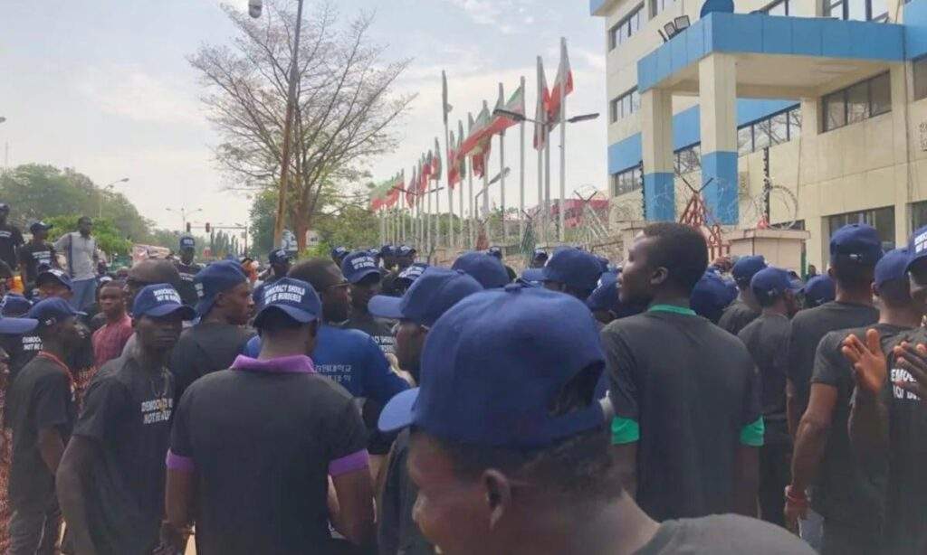 25267 tinubus victory atiku okowa ayu others lead protest to inec headquarters abuja video