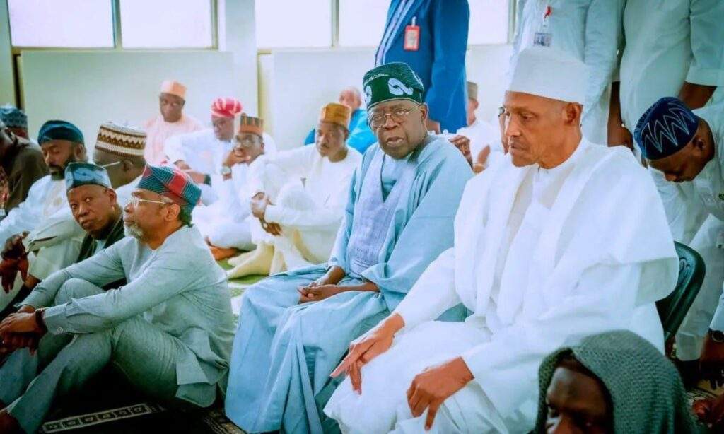 53815 tinubu joins buhari for jumaat prayers in aso rock