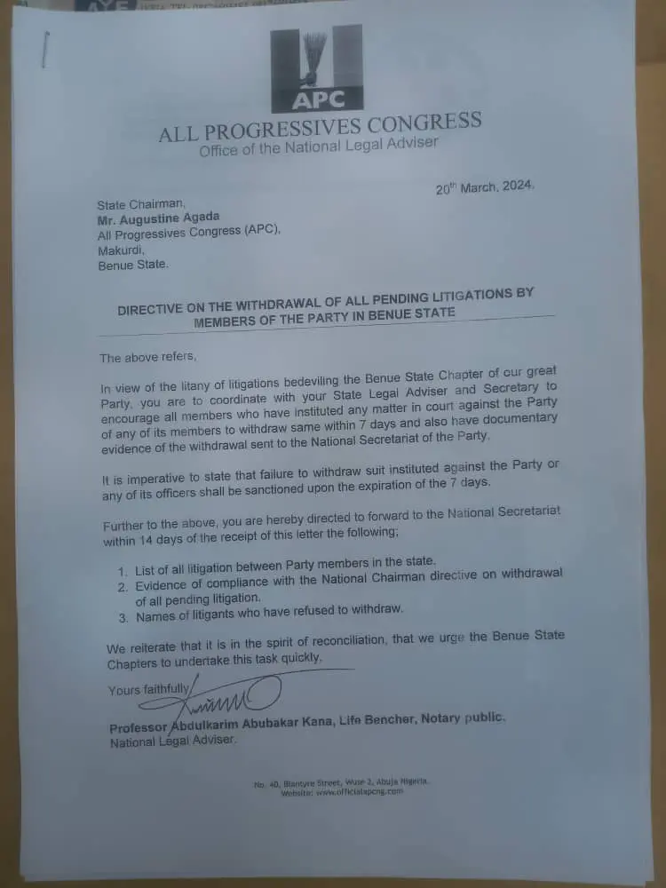 APC Orders Withdrawal of Court Cases in Benue State Crisis