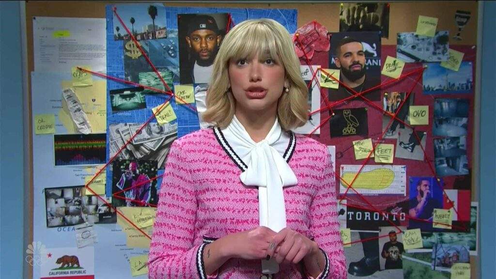 Dua Lipa breaks down Kendrick Lamar and Drakes beef during SNL segment