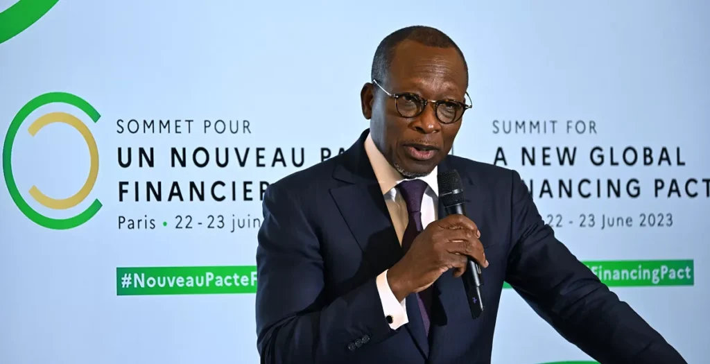 Benins President Patrice Talon seaks during the Alliance for Entrepreneurship thematic as part of the New Global Financial Pact Summit Thursday June 22 2023 in Paris