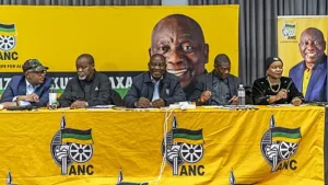 South African president Cyril Ramaphosa center meets with senior officials of his African