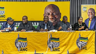 South African president Cyril Ramaphosa center meets with senior officials of his African South African president Cyril Ramaphosa center meets with senior officials of his African