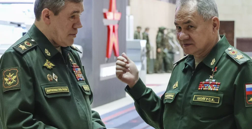 russian former defense minister sergei shoigu r chief of general staff gen valery gerasimov in moscow on dec 19 2023