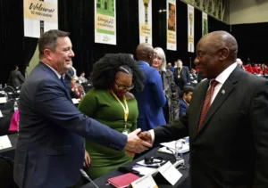 south african government communication and information system gcis south african president cyril ramaphosa right greets opposition democratic alliance da leader john steenhuisen
