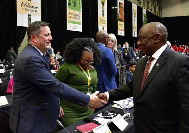 south african government communication and information system gcis south african president cyril ramaphosa right greets opposition democratic alliance da leader john steenhuisen
