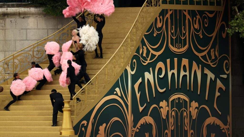 Lady Gaga Kicks Off Paris Olympics in Pink with Feathered