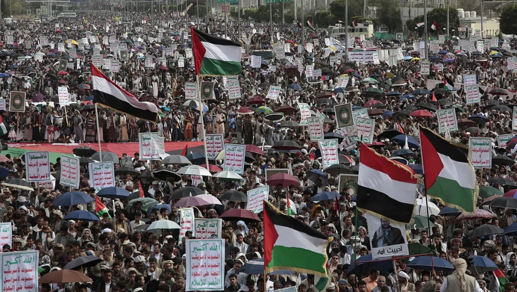 houthi supporters attend anti israel and anti u s protests in sanaa yemen friday june 14 2024