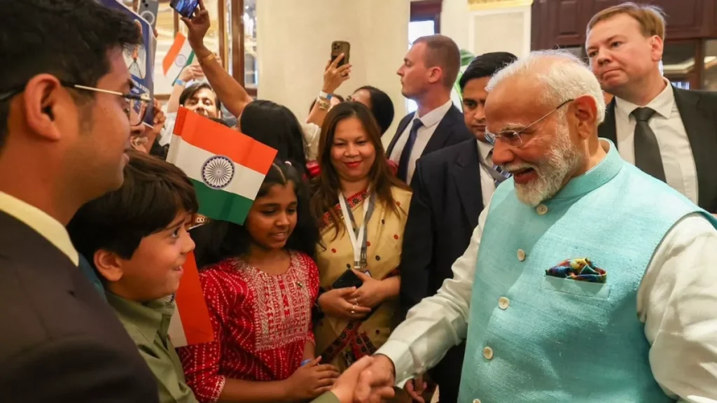 indian prime minister narendra modi greeting the indian community in moscow during his two day visit to russia on teusday 9 07 2024