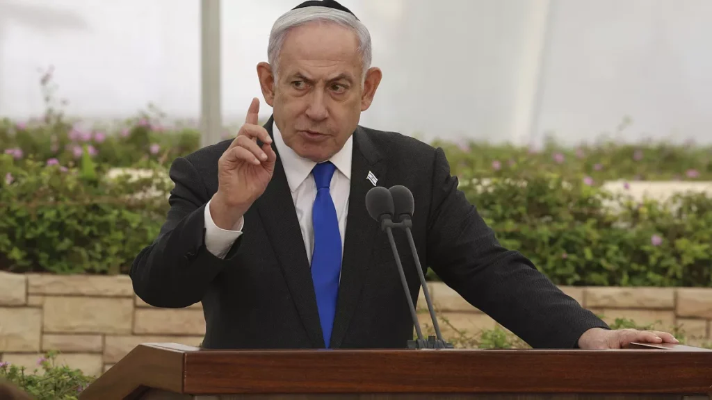 israeli prime minister benjamin netanyahu speaks during a ceremony at the nahalat yitshak cemetery in tel aviv israel tuesday june 18 2024