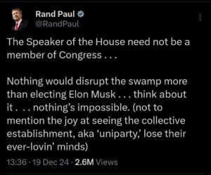 US Senator Paul Rand endorses Elon Musk as next House Speaker