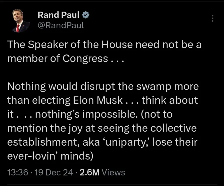 US Senator Paul Rand endorses Elon Musk as next House Speaker
