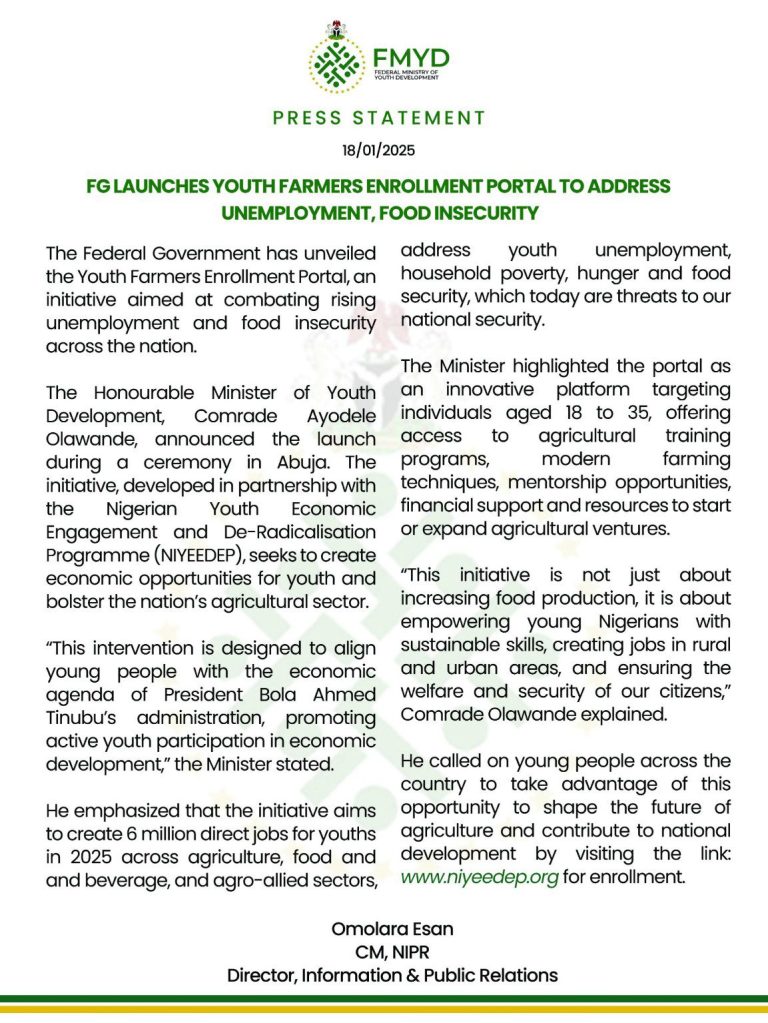 FG Launches Youth Farmers Enrollment Portal to Address Unemployment and Food Insecurity