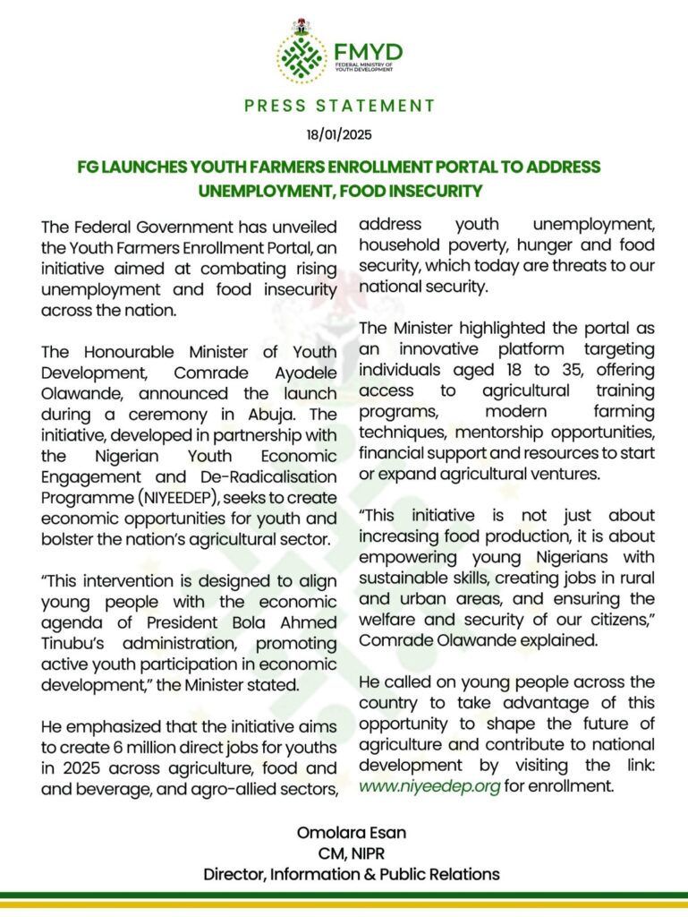 FG Launches Youth Farmers Enrollment Portal to Address Unemployment and Food Insecurity