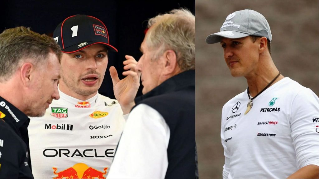 Image Credits: Getty, L: Christian Horner, Max Verstappen,  Helmut Marko, R:Michael Schumacher