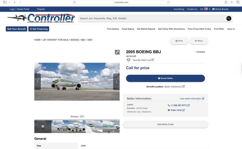 Screenshot from controller, a website specialising in aircraft listings