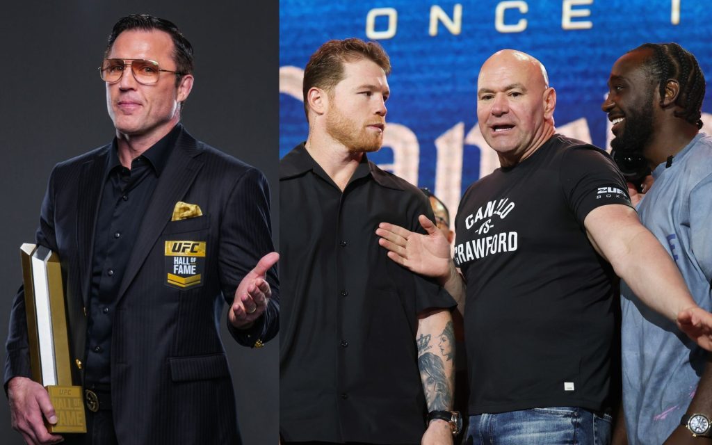 Chael Sonnen (left) predicts Canelo Alvarez (second to left) vs. Terence Crawford (right). [Image courtesy: Getty Images]
