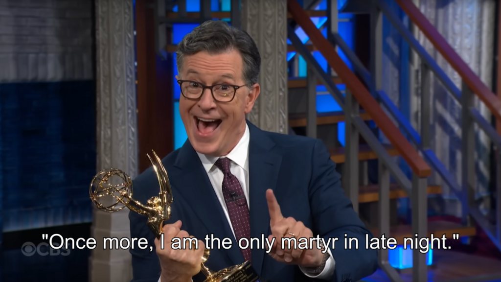 Stephen Colbert gleefully reacts to Jimmy Kimmel's return to air