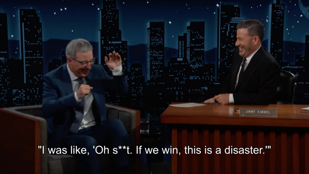 Jimmy Kimmel and John Oliver react to Stephen Colbert's Emmys win