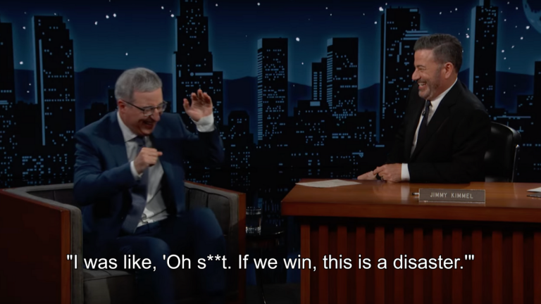 Jimmy Kimmel and John Oliver react to Stephen Colbert's Emmys win