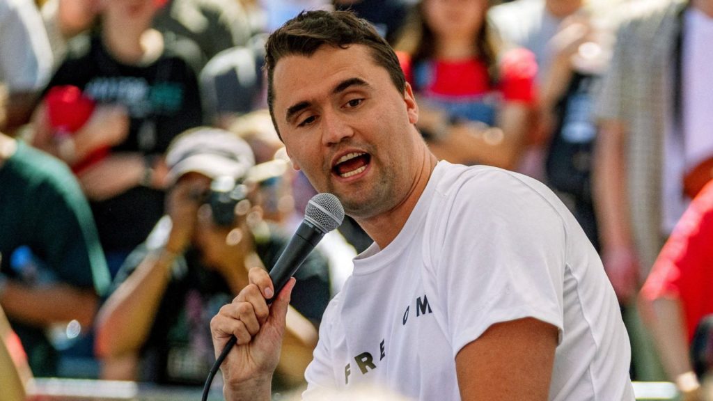Charlie Kirk speaking at an event at Utah Valley University before he was fatally shot. Pic: Reuters/Trent Nelson/The Salt Lake Tribune