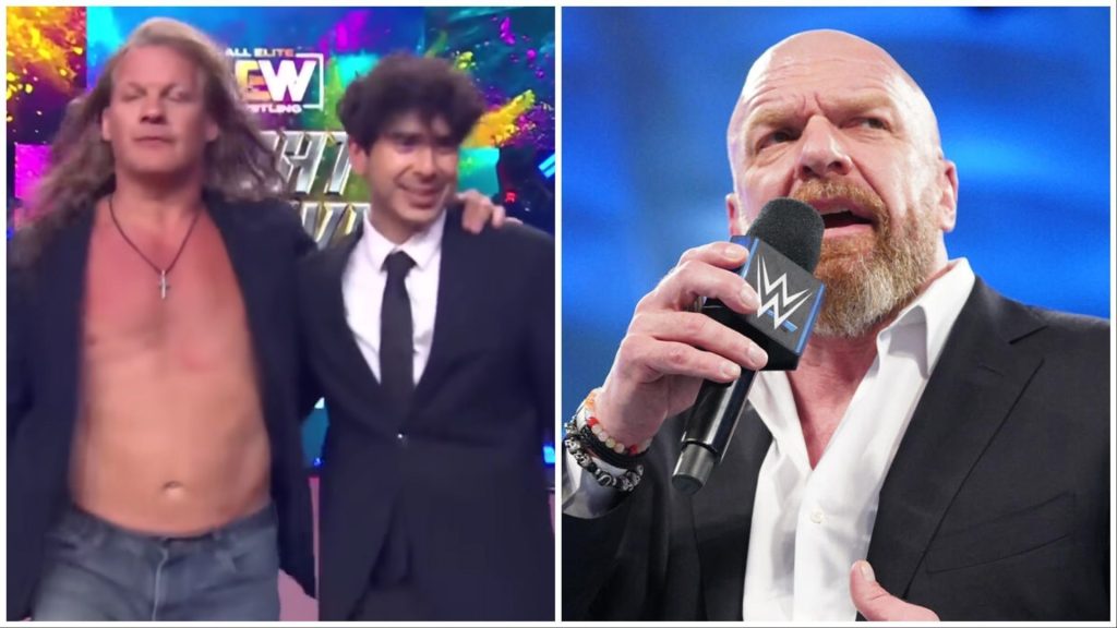 Chris Jericho, Tony Khan and Triple H. (Photos: @AEW on YouTube and WWE.com)