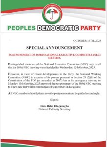 PDP Postpones 103rd NEC Meeting Amid Party Developments 219x300