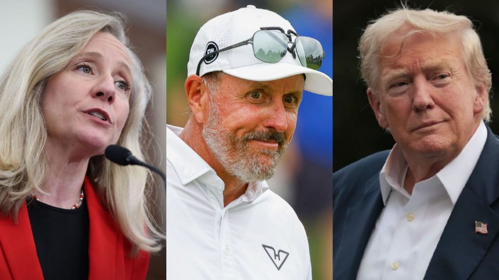 Phil Mickelson (middle), Abigail Spanberger (left), and Donald Trump (right) / Source: Getty Images