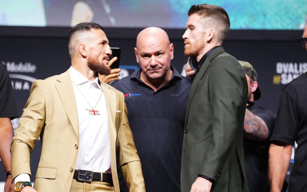 Merab Dvalishvili (left) takes shots at Cory Sandhgaen (right) ahead of their UFC 320 clash. [Image courtesy: Getty Images]