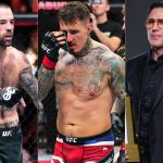 Matt Brown (left) surprised as Tom Aspinall (middle) gets criticized by Chael Sonnen (right). [Images courtesy: Getty Images]