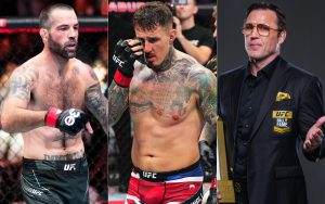 Matt Brown (left) surprised as Tom Aspinall (middle) gets criticized by Chael Sonnen (right). [Images courtesy: Getty Images]