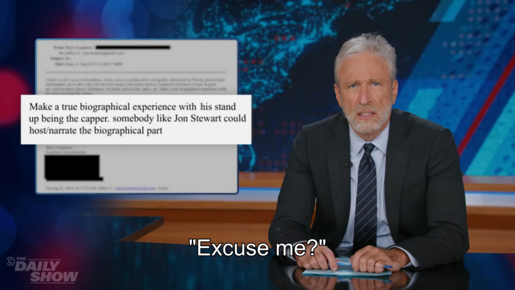 Jon Stewart jokes about finding his own name in Epstein files