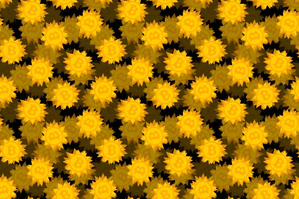 gold bitcoin logos featured on spiky-shaped coins on a darkened black background