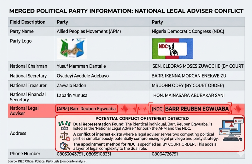Infographic comparing INEC records for APM and NDC, highlighting Barr. Reuben Egwuaba as National Legal Adviser for both parties and flagging a potential conflict of interest.