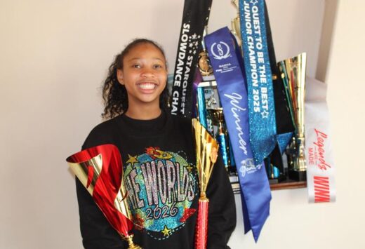 Isabella Kharaka celebrates her outstanding achievement after finishing second in the hip-hop category at the 2026 Blackpool Freestyle World Dance Championships in England. She is pictured with some of the many trophies she has collected throughout her dance career.