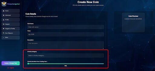 PUMPCHANGE create-coin form showing the charity category selector and the charity donation percentage locked at 10% of trading fees.
