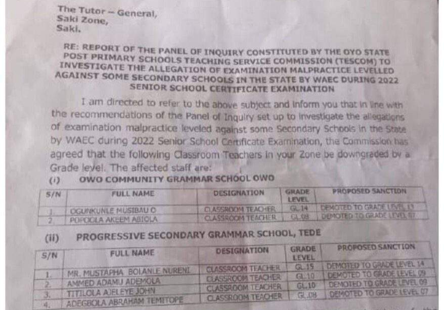 58613 waec oyo demotes 6 teachers over examination malpractice