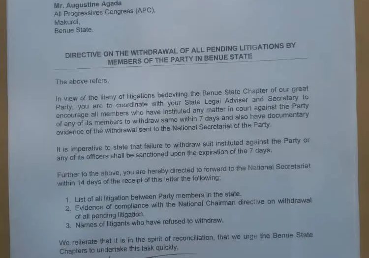 APC Orders Withdrawal of Court Cases in Benue State Crisis APC Orders Withdrawal of Court Cases in Benue State Crisis