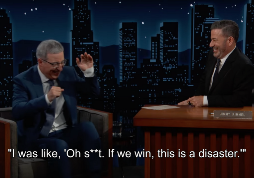 Jimmy Kimmel and John Oliver react to Stephen Colbert's Emmys win
