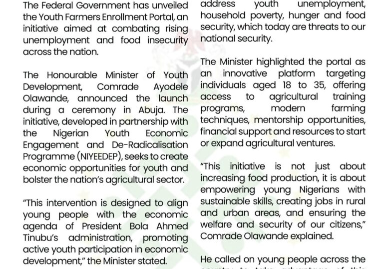 FG Launches Youth Farmers Enrollment Portal to Address Unemployment and Food Insecurity FG Launches Youth Farmers Enrollment Portal to Address Unemployment and Food Insecurity