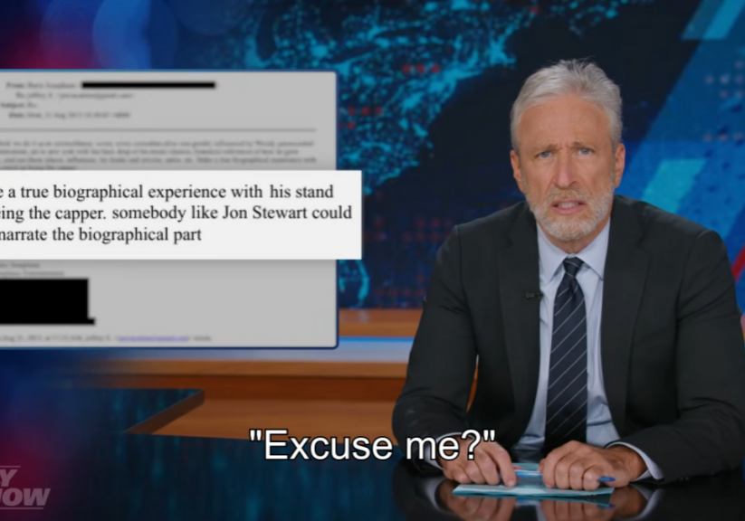 Jon Stewart jokes about finding his own name in Epstein files
