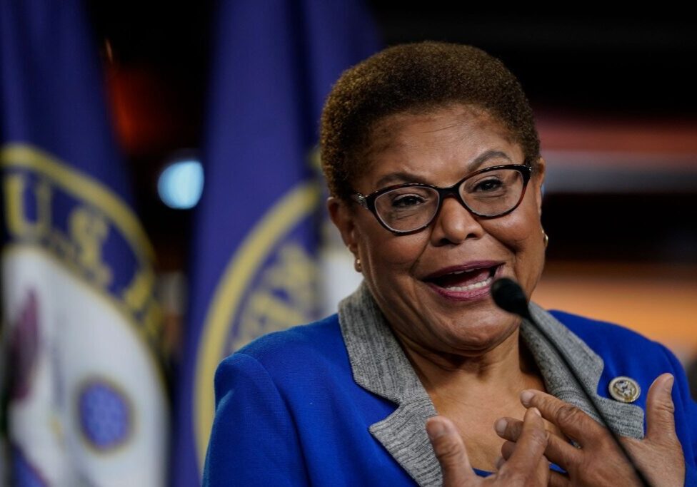 WASHINGTON, DC - JULY 22:  Chair of the Congressional Black Caucus (CBC) Rep. Karen Bass (D-CA) speaks during a news conference to discuss an upcoming House vote regarding statues on Capitol Hill on July 22, 2020 in Washington, DC. House Democrats have introduced a bill that would replace the bust of former Supreme Court Chief Justice Roger B. Taney in the Old Supreme Court Chamber at the U.S. Capitol with one of former Justice Thurgood Marshall. Taney was the author of the 1857 Dred Scott decision that declared African Americans couldn't be citizens. (Photo by Drew Angerer/Getty Images)