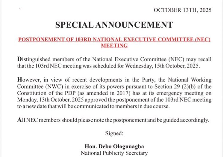 PDP Postpones 103rd NEC Meeting Amid Party Developments PDP postpones NEC meeting amid defections