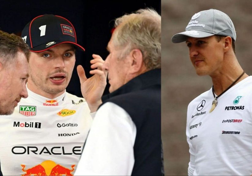 Image Credits: Getty, L: Christian Horner, Max Verstappen,  Helmut Marko, R:Michael Schumacher