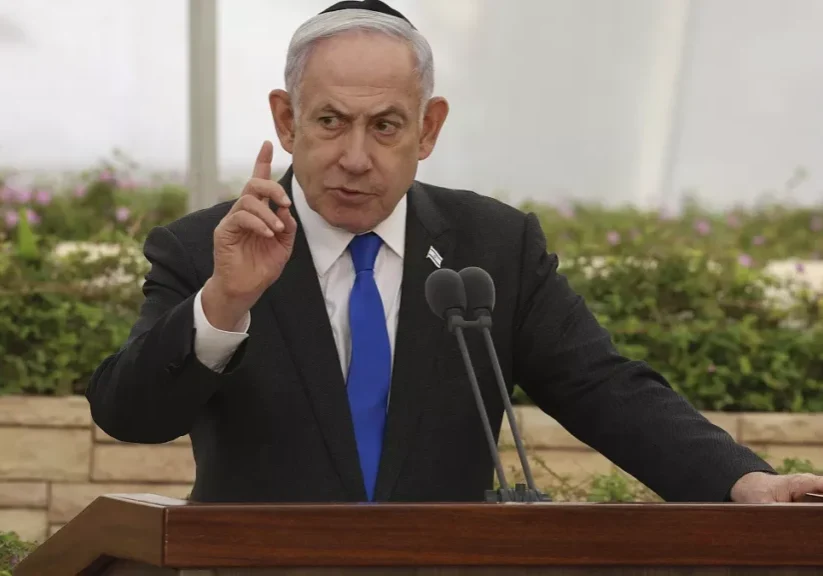 israeli prime minister benjamin netanyahu speaks during a ceremony at the nahalat yitshak cemetery in tel aviv israel tuesday june 18 2024 israeli prime minister benjamin netanyahu speaks during a ceremony at the nahalat yitshak cemetery in tel aviv israel tuesday june 18 2024