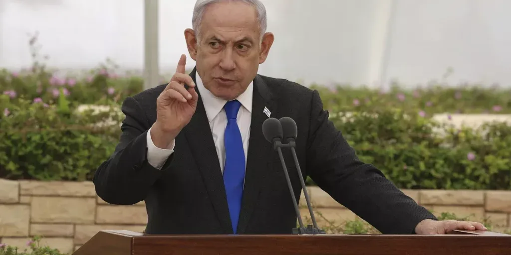israeli prime minister benjamin netanyahu speaks during a ceremony at the nahalat yitshak cemetery in tel aviv israel tuesday june 18 2024 israeli prime minister benjamin netanyahu speaks during a ceremony at the nahalat yitshak cemetery in tel aviv israel tuesday june 18 2024