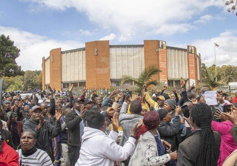 Opposition supporters demonstrate outside a court in Harare, Zimbabwe, on June 27, 2024 Opposition supporters demonstrate outside a court in Harare, Zimbabwe, on June 27, 2024