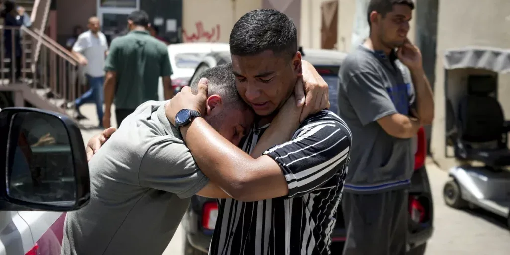 palestinians mourn relatives killed in the israeli bombardment of the gaza strip at a hospital morgue in deir al balah tuesday july 9 2024 palestinians mourn relatives killed in the israeli bombardment of the gaza strip at a hospital morgue in deir al balah tuesday july 9 2024