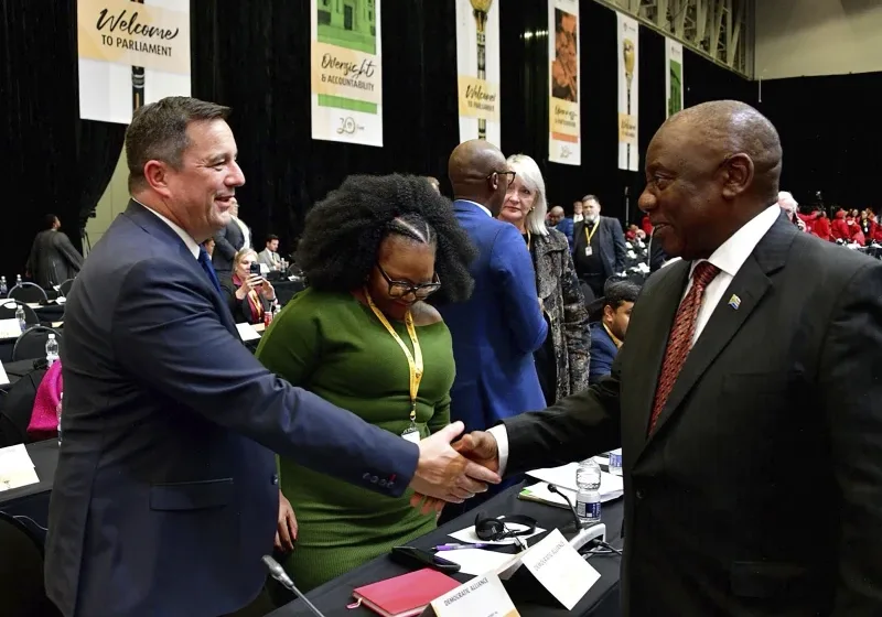 south african government communication and information system gcis south african president cyril ramaphosa right greets opposition democratic alliance da leader john steenhuisen