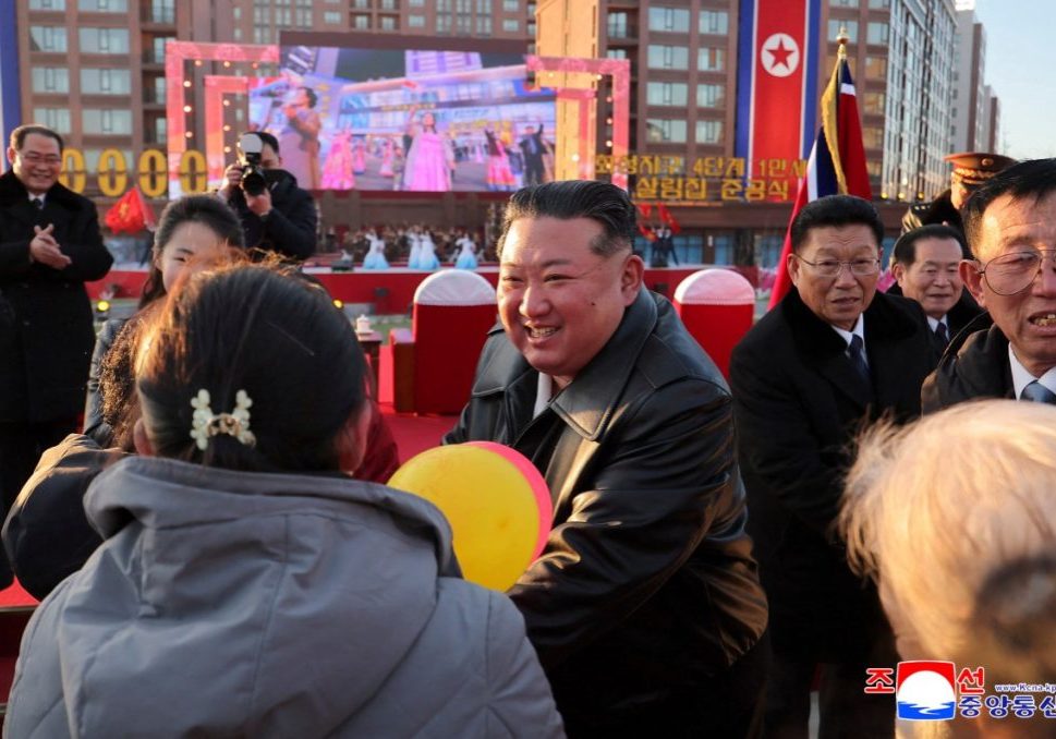 North Korean leader Kim Jong Un congratulating residents moving into their new homes at the inauguration ceremony of 10,000 flats at fourth stage in Hwasong area of Pyongyang.